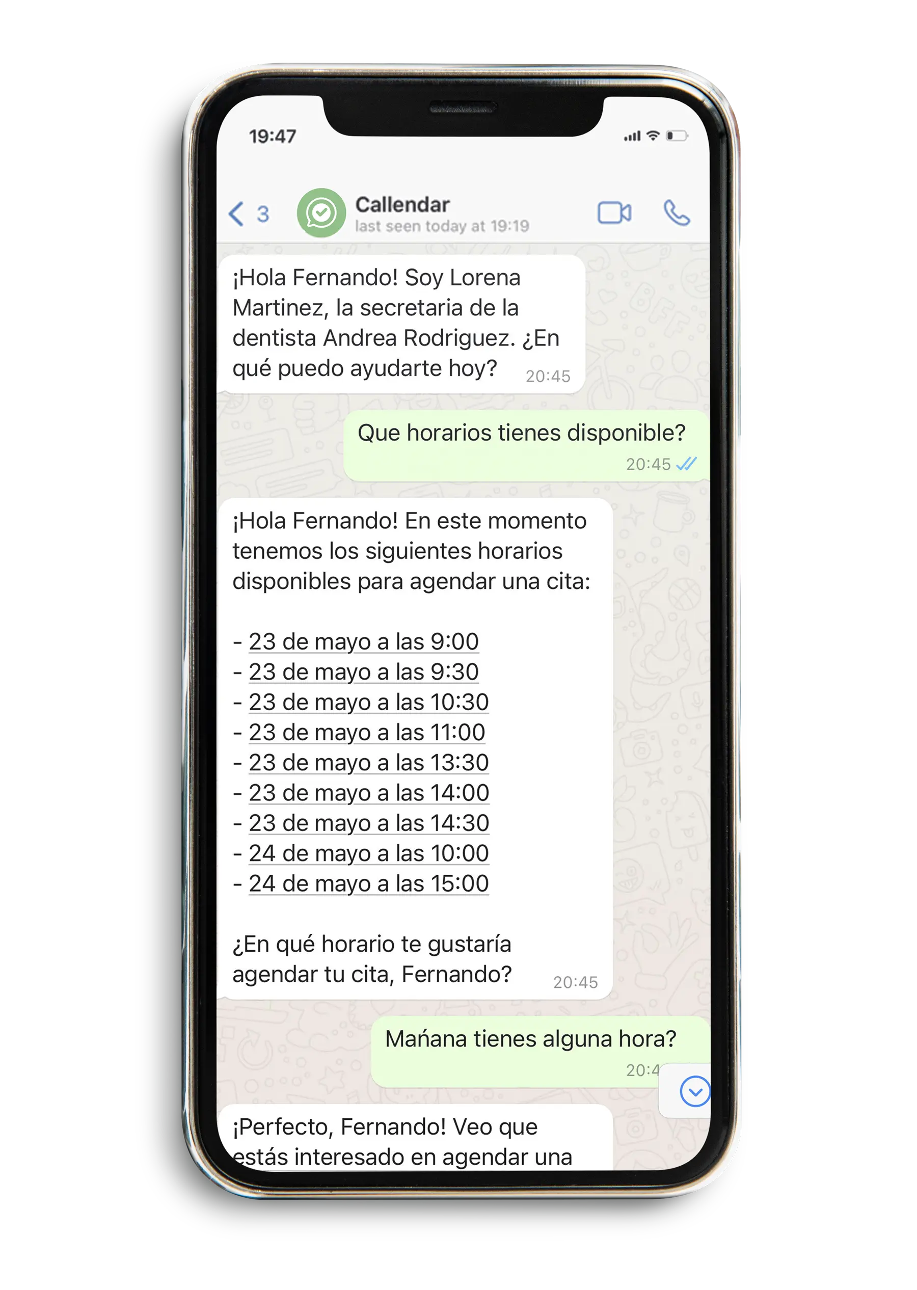 WhatsApp chat showcasing Callendar's automated appointment scheduling